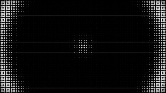 High contrast monochrome halftone circle wipe transition expanding on black background with CRT television scanline glitch artifacts, retro analog transition for techno VJ loop in 4K