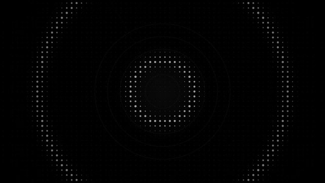 Monochrome halftone dot equalizer pulsing at 128 BPM like rhythmic sonar acoustic waves on black, audio reactive circular frequency visualizer for electronic techno music club in 4K