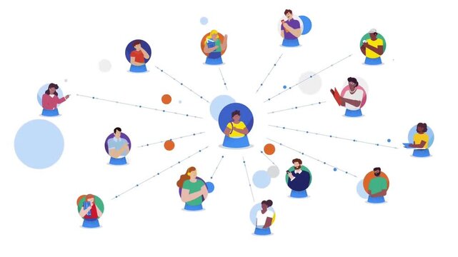 Digital network animation with diverse people connecting globally in modern vector motion graphics video clip