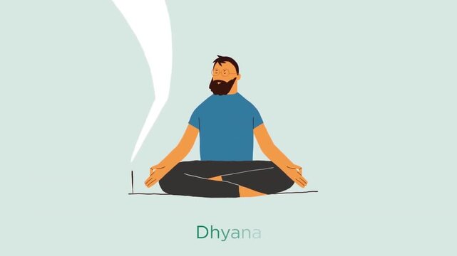 Animated bearded man meditating in lotus pose with incense smoke in yoga video footage