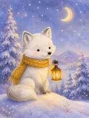 Obraz premium Whimsical white fox cub with lantern in snowy moonlit forest