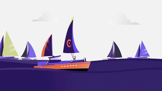 Colorful sailboats navigating through deep purple ocean waves with bright white clouds in the animated video footage