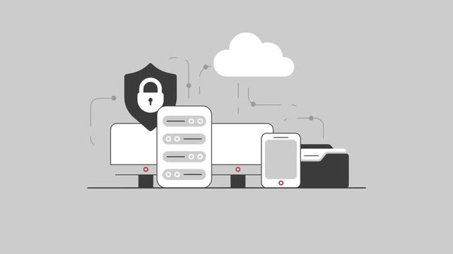 Cybersecurity cloud computing servers data protection animation video footage with networking icons moving against grey background