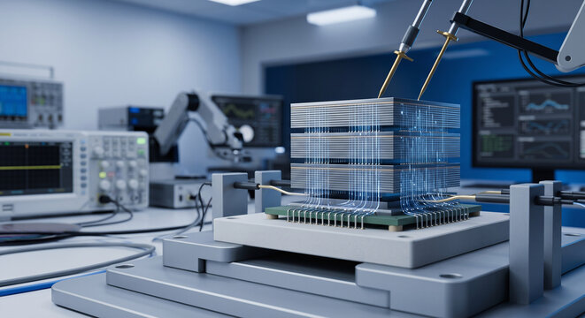 Stacked dram memory and silicon dies undergoing electrical testing in a modern semiconductor laboratory