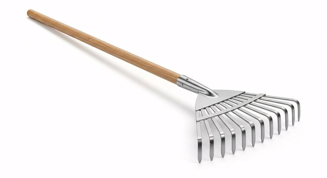 Steel garden rake with wooden handle on white background