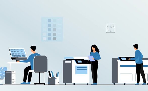 Office workers operating modern printers and computers in a busy workplace motion video illustration clip
