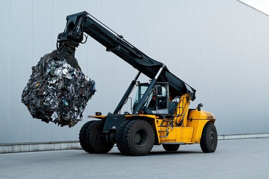 Hydraulic material handler lifting compacted metal bale outside warehouse