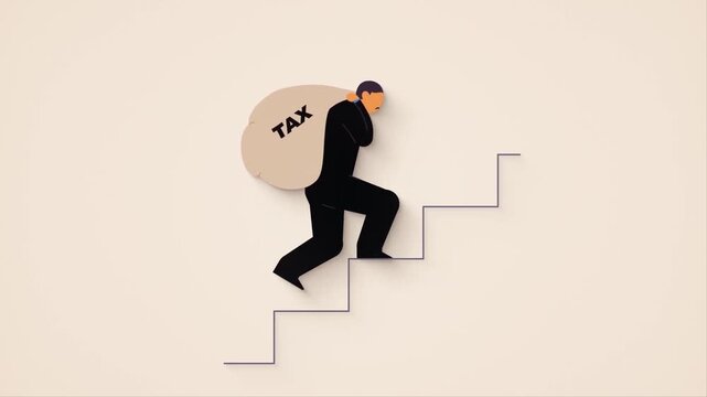 Businessman walking upstairs carrying heavy tax burden bag in motion graphic animation loop video footage clip