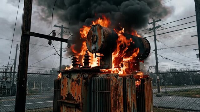 A large electrical transformer is engulfed in flames, sending dark smoke billowing into the sky against an overcast backdrop. Sparks fly from the intense fire, highlighting the danger and destruction