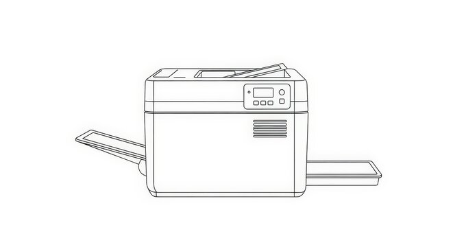 Minimalist line art drawing of a modern office laser printer with paper trays and control panel