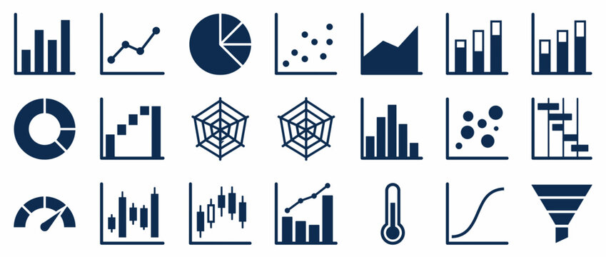 Business analytics icons set. Data visualization symbols isolated on transparent background. Charts, graphs, pie charts, bar graphs, line graphs, thermometers, scatter plots, hexagons, funnel icons.