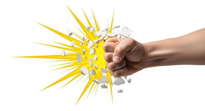 Powerful fist punching through wall with explosive impact and flying debris concept