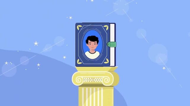 Animated blue memory book with a portrait of a smiling young boy resting on a classical stone pillar in motion footage