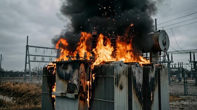 A large electrical transformer erupts in flames, spewing dense black smoke and bright sparks against a cloudy sky, illustrating a catastrophic power grid failure