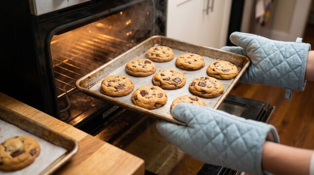 Homemade chocolate chip cookies rest on metal baking sheet while blue quilted oven mitts hold them near hot kitchen stove