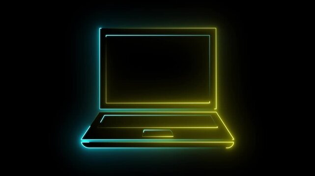 Yellow and blue neon laptop icon on dark background, glowing computer screen animation.