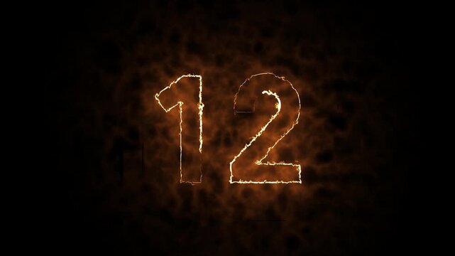 Text fire number count animation, Single Number made of Fire, Glowing neon 12 letter video motion design, black background & 4k video