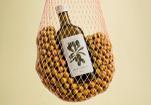 Net Bag with Olive Oil Bottle Mockup