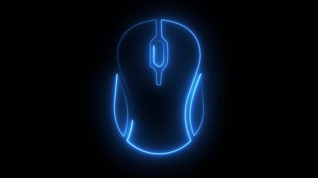Blue neon computer mouse icon on dark background, glowing clicker device scroll hardware animation.