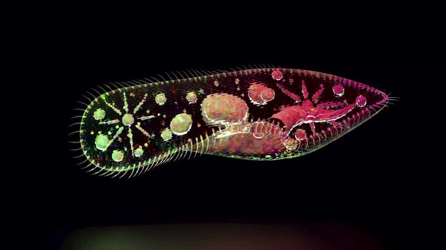 Rotation of a shimmering, clear, colored paramecium mockup on black background. 3d animation