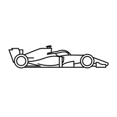 Obraz premium Simple black outline of a formula 1 race car viewed from the side, isolated on a white background, showing the chassis, wheels, and wings