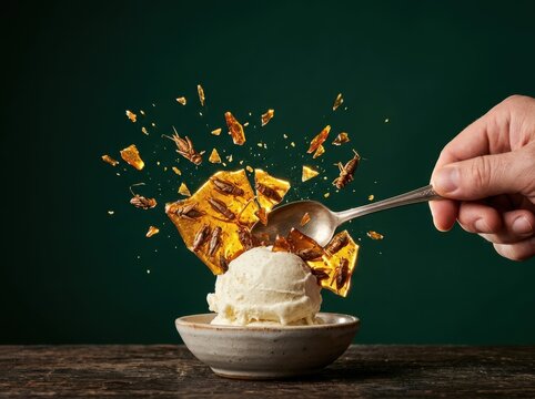 Sundae with ice cream and flying insect shards
