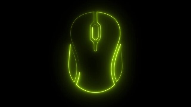 Yellow green neon computer mouse icon on dark background, glowing clicker device scroll animation.