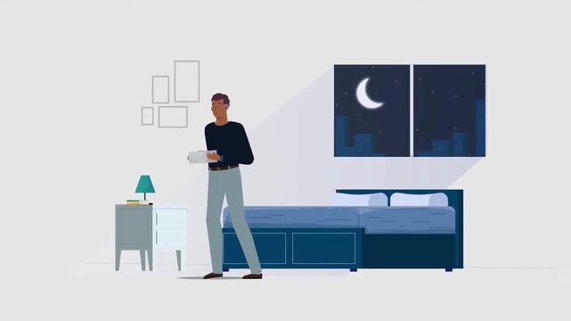 Animated man holding letter walking inside bedroom during night in flat vector video clip