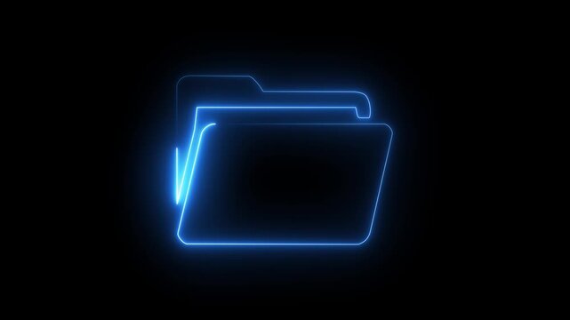 Blue neon file folder icon on dark background, glowing document storage archive symbol.