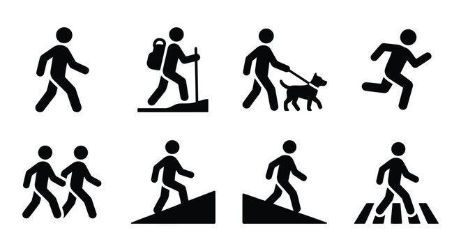 Pedestrian silhouettes depict various walking and hiking activities on a white background