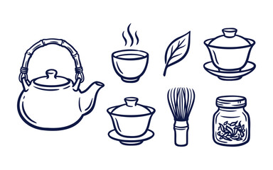 Fototapeta premium Hand-drawn tea set with teapot, gaiwan, matcha whisk, tea leaves, and steaming cup, black outline