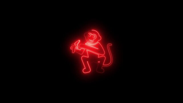 Red neon monkey eating banana animation, glowing animal sign for nightclub or bar decor light