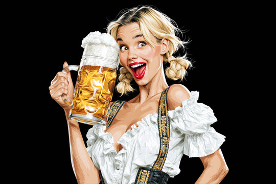 Illustration of playful blonde woman in dirndl holding overflowing beer mug, Oktoberfest concept