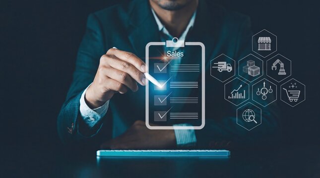 Digital sales management checklist, businessman tracking supply chain logistics, corporate data analytics interface for commerce.