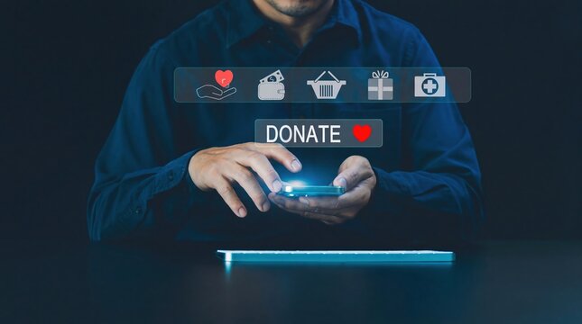 Philanthropy concept with online donation button, man using smartphone for charity, digital mobile giving and fundraising.