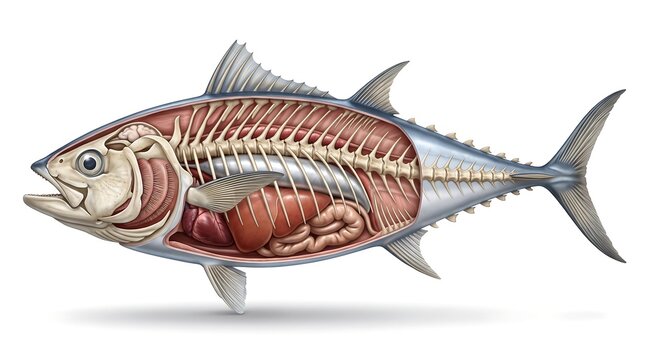 Tuna fish internal anatomy diagram featuring skeletal system and visceral organs for marine biology.