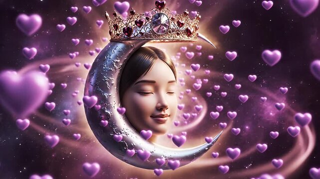 Dreamy Purple Queen Portrait Surrounded by Floating Hearts and Cosmic Orbs