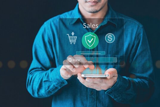 Secure online sales interface on smartphone, businessman using mobile commerce app, digital payment and shopping security system.