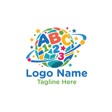 Title: Colorful Kindergarten School Logo with Alphabet and Planet Learning Symbol