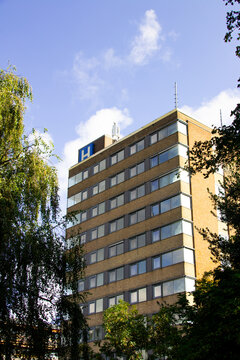 Hospital building with helicopter landing pad sign against blue sky. Vertical photo of tall apartment building park vibe with tree. 
