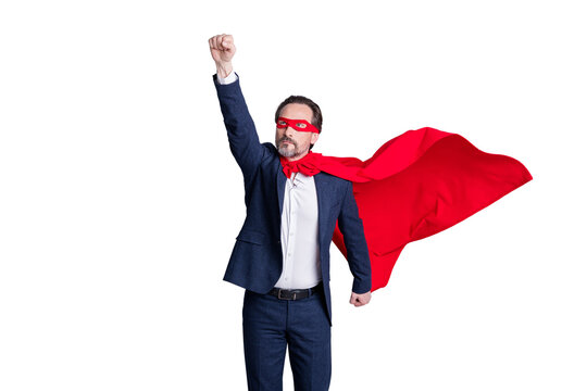 Photo of confident courage professional mature business guy man super hero costume raise fist up flying up rise save world wear blue suit red face mask cloak isolated grey background
