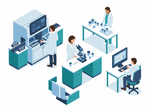 Isometric of scientists collaborating in a high tech research lab