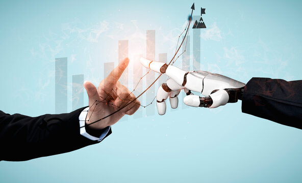 An inspiring image showing a human hand reaching out to a robotic hand in a business context, representing innovation and collaboration in technology and future advancements. Ledger