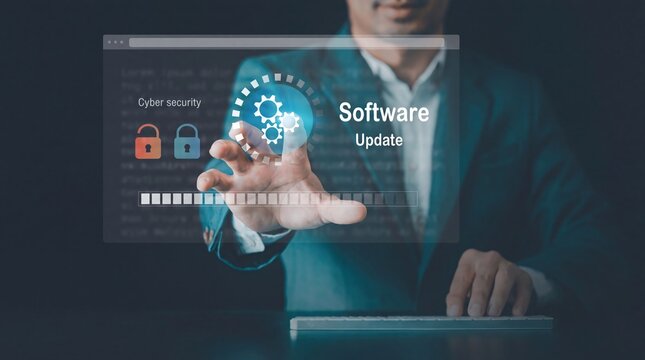 Software update and cyber security interface, businessman managing digital system upgrade, futuristic technology concept.