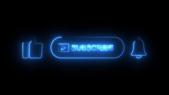 Blue neon subscribe button like thumb and bell set on dark background glowing animation.
