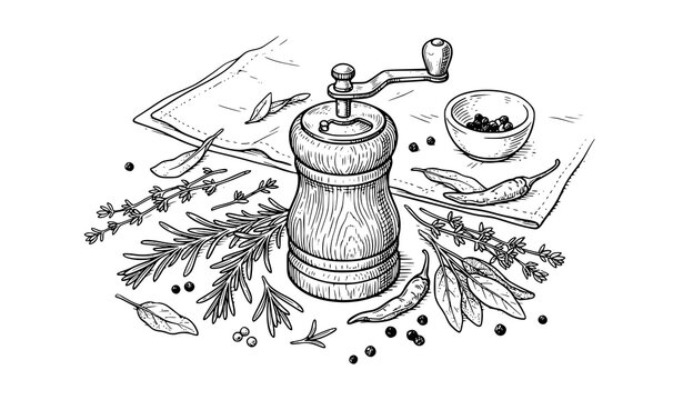 Handcrafted pepper grinder with herbs for seasonal cooking and