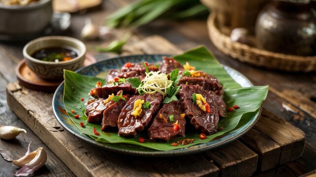 Brunei cuisine. Hati buyah. Pieces of beef lung, fried until dark brown, marinated in piquant local spices.