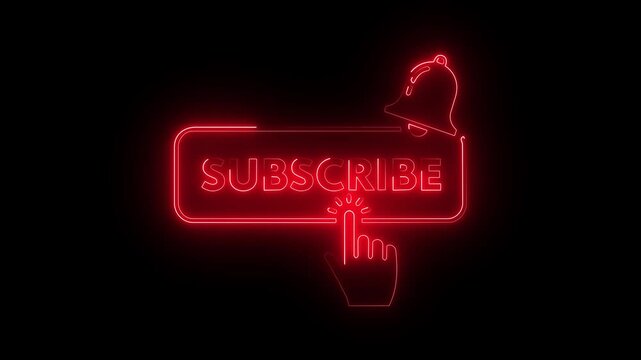 Red neon subscribe button with notification bell icon and clicking hand cursor on dark background animation.