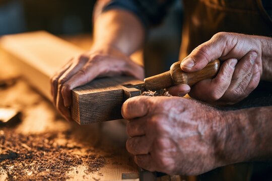 Apprentice learning woodworking joinery under guidance of experienced craftsperson