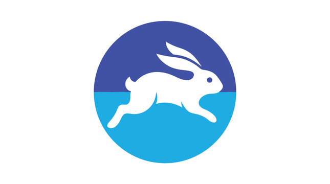White running rabbit inside blue circular graphic symbol with clean minimalist flat vector design